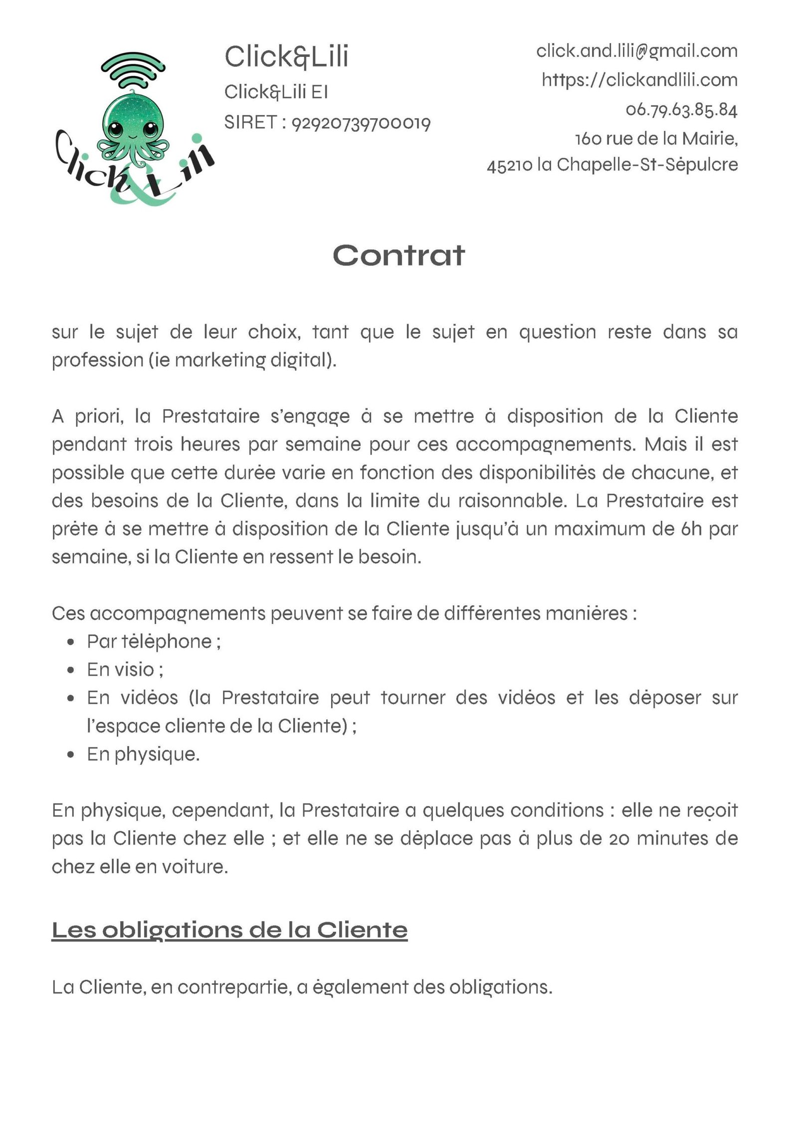 Contrat entre Lylly Colibri et Click&Lili