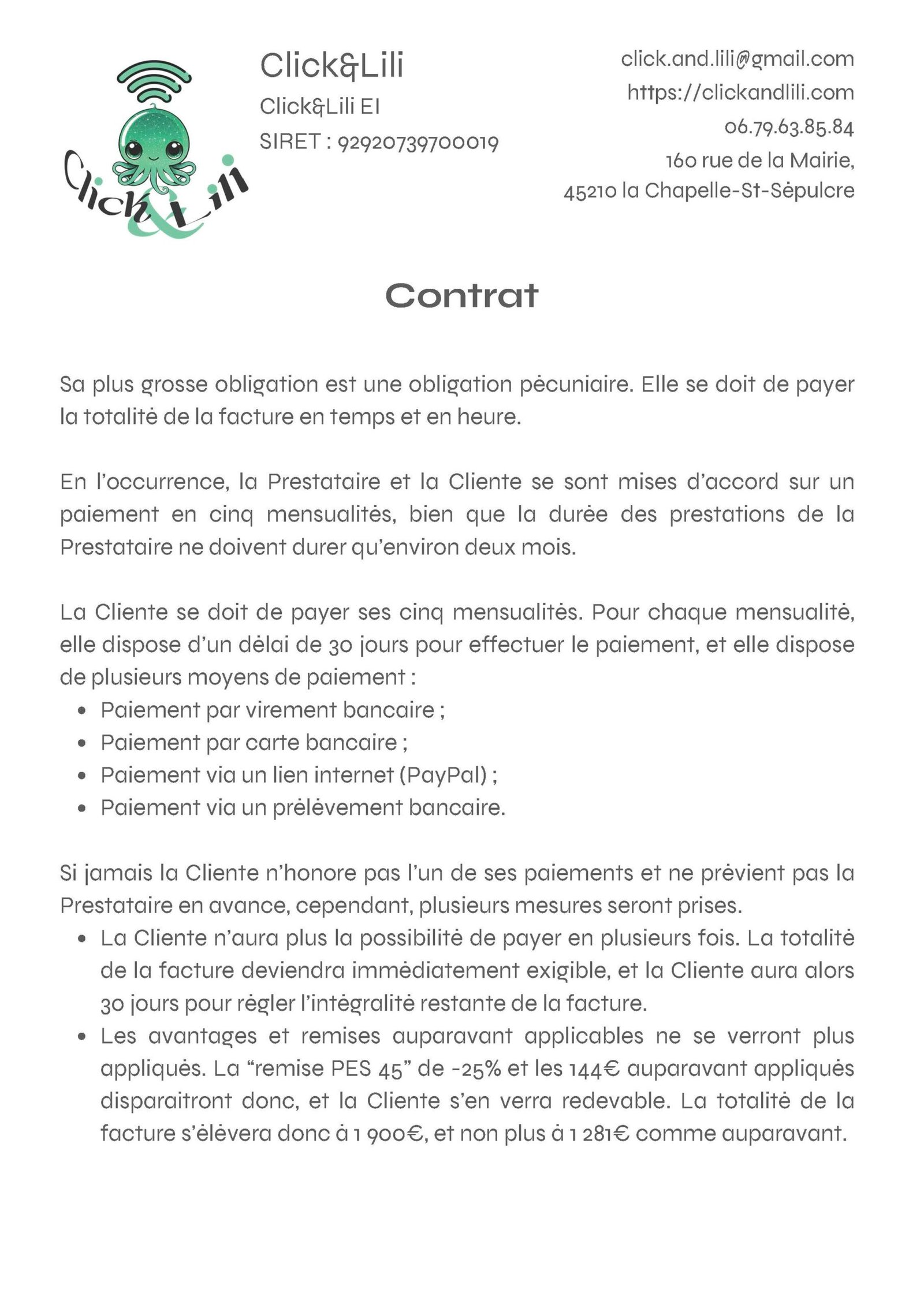 Contrat entre Lylly Colibri et Click&Lili