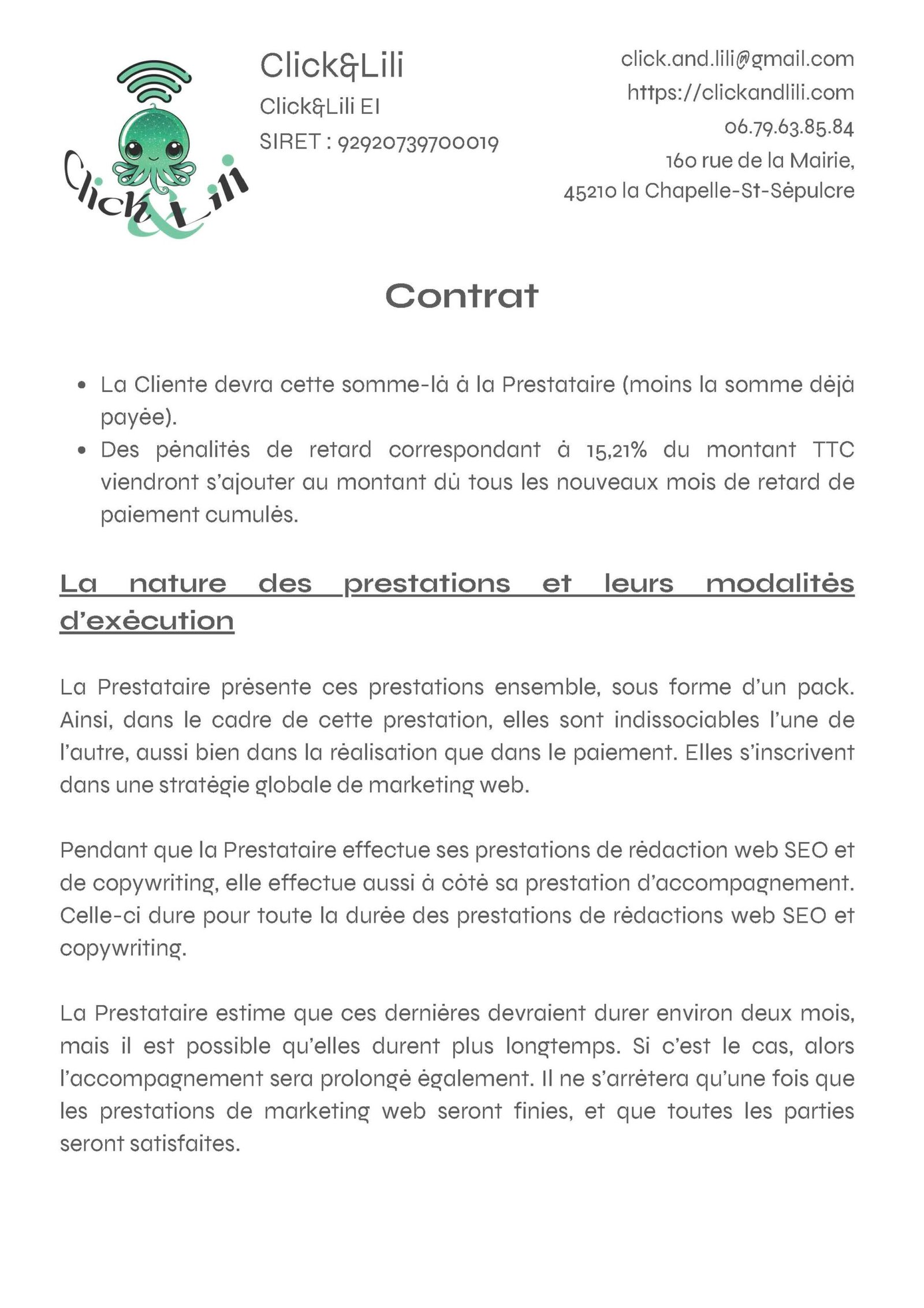 Contrat entre Lylly Colibri et Click&Lili