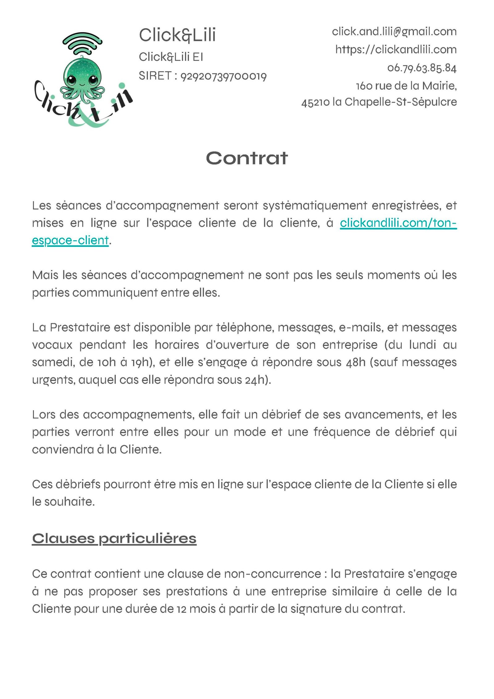 Contrat entre Lylly Colibri et Click&Lili